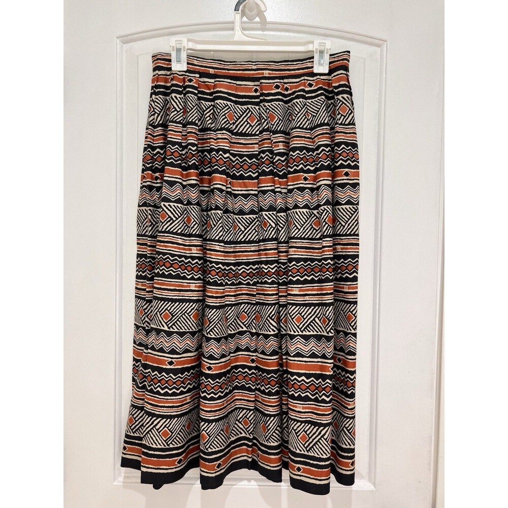 VTG 100% Silk Skirt Long Midi Pleated Full Sz 14 Boho Tribal Brown High Waist